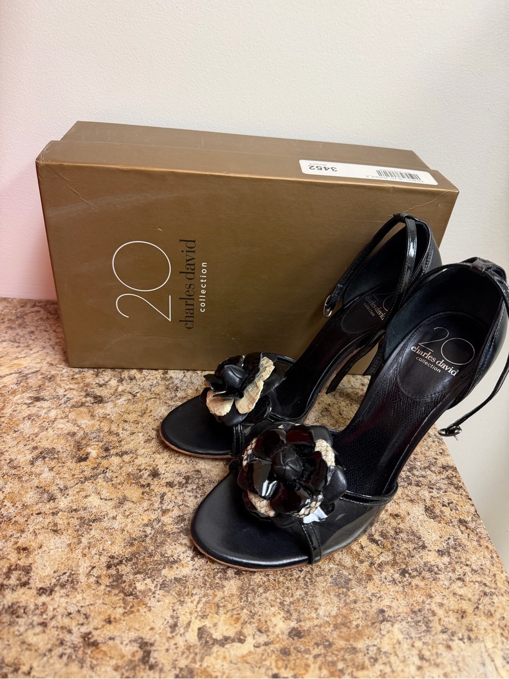 Charles David Black Floral Appliqué Leather High-Heel Sandals